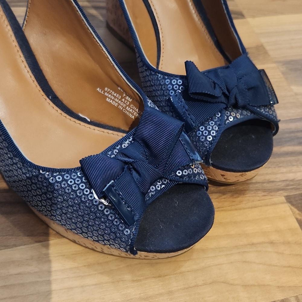 Sperry Navy Sequin Slingback Cork Wedges with Bow - Picture 2 of 12